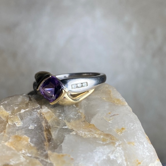Amethyst and Diamond 2-Tone Gold 10k Ring - Picture 2 of 12